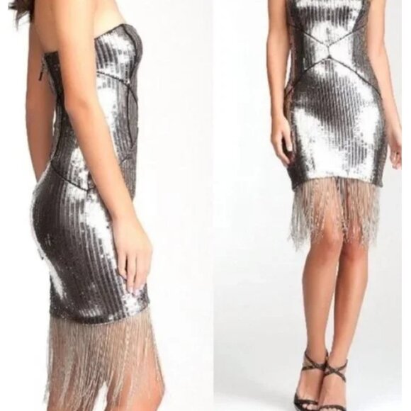 Bebe Uptown Strapless Sequin Fringe Dress Silver Gunmetal Cocktail S NWT $206 - Picture 2 of 15